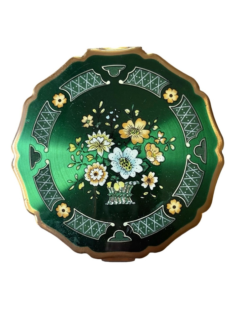 Vintage Mid Century Stratton Emerald Enamel Floral Scalloped Edge Compact